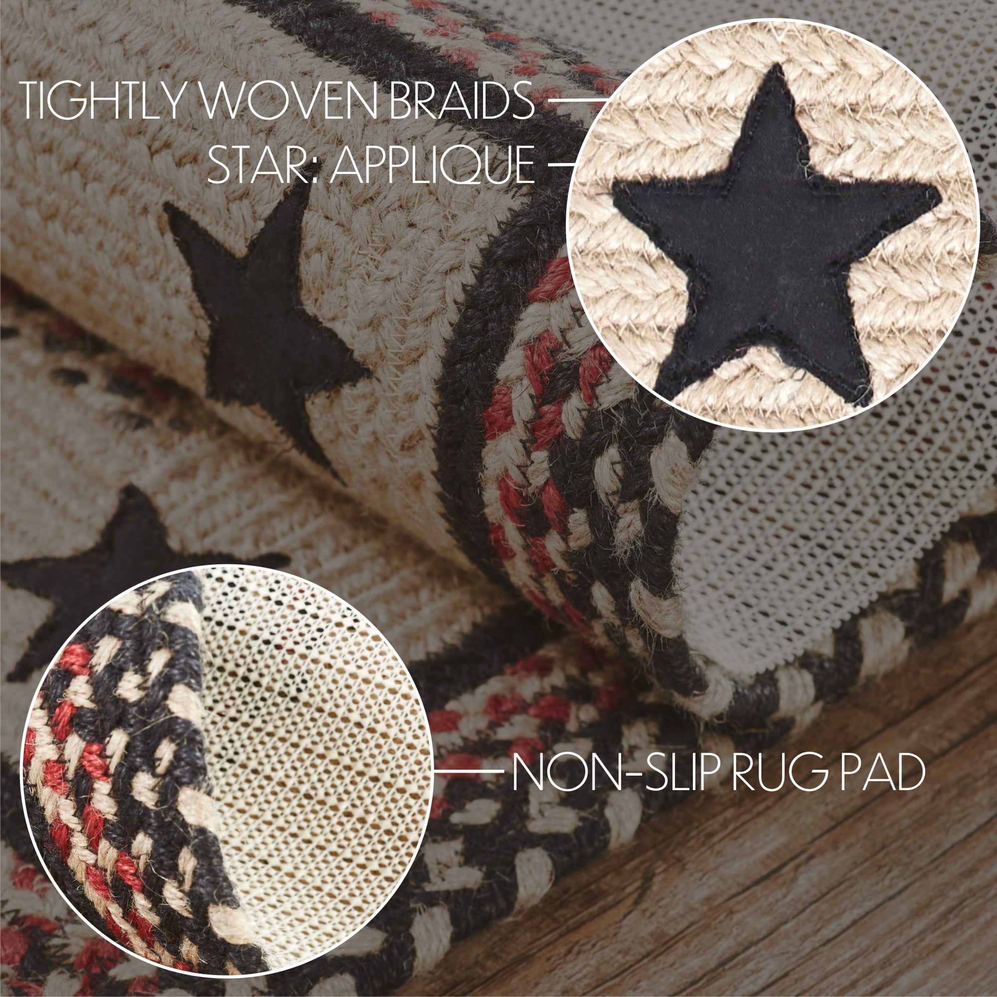 VHC Brands Colonial Star Rug Hall Runner with PVC Pad, Jute Blend, Rectangle, Tan Black Red, 22x72 inches