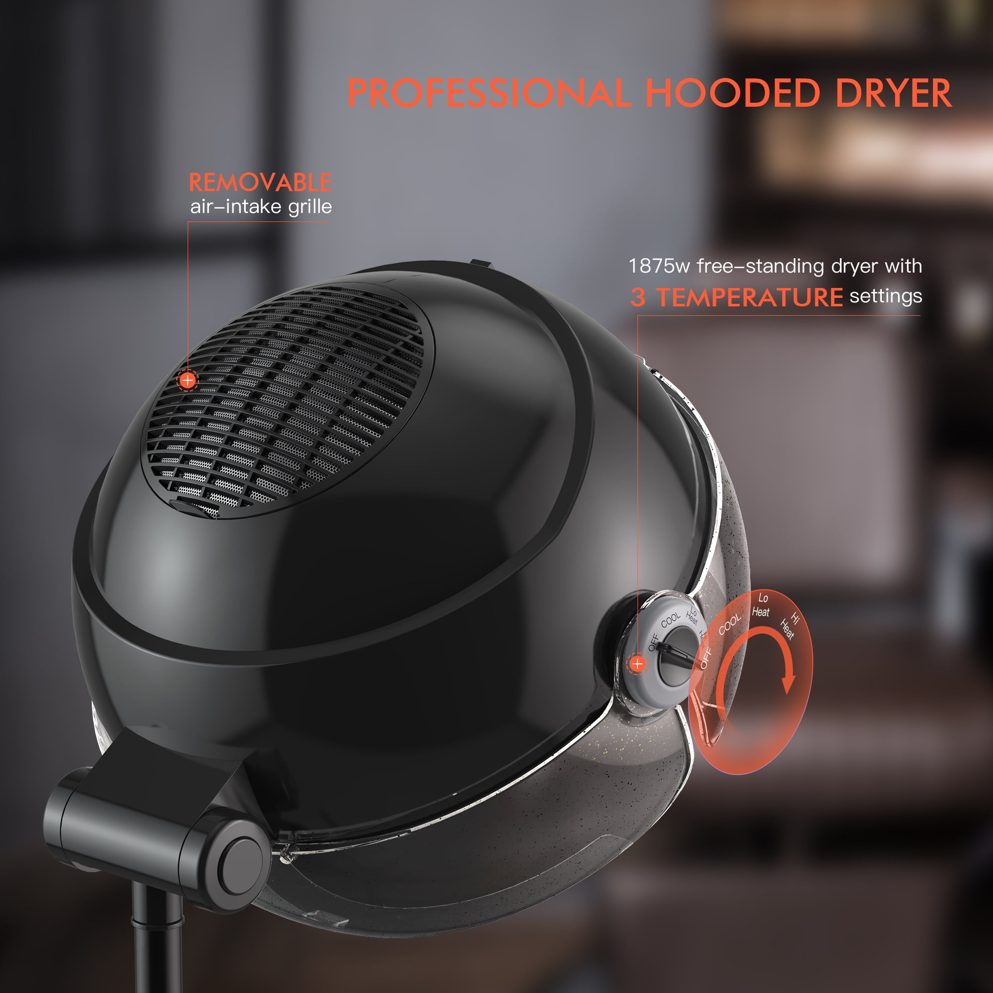 TASALON 1875W Ionic Hood Hair Dryer with Adjustable Stand, 3 Temperature Settings, Rolling Wheels, and Timer, Black