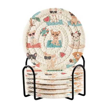 

6-Pack Coiled Coasters Set with Storage Rack Heat-Resistant for Home Office or Gift Dogs Doing Summer Activities (3.94in Diameter)