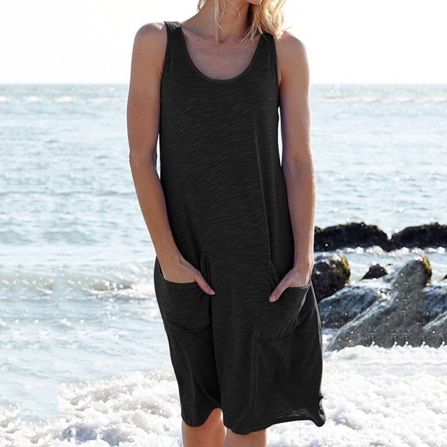 ICHUANYI Clearance Fashion Women Loose Summer Solid Pocket Sleeveless Beach Dress(Black, M) ICHUANYI WER2023080812383