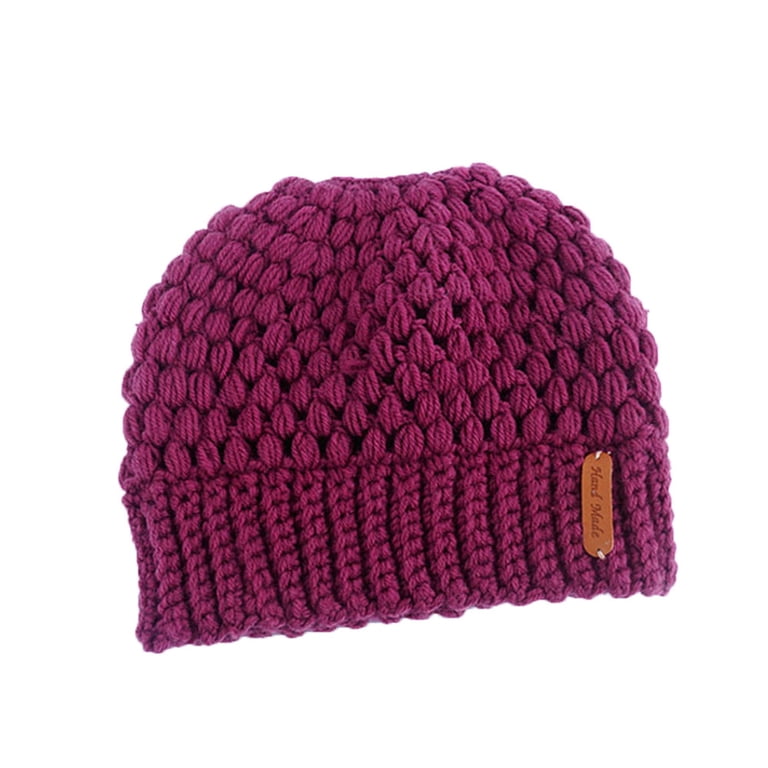 Winter Knitted Beanie Hat With Ponytail Hole - Thick, Stretchy, High Bun Design For Cold Weather