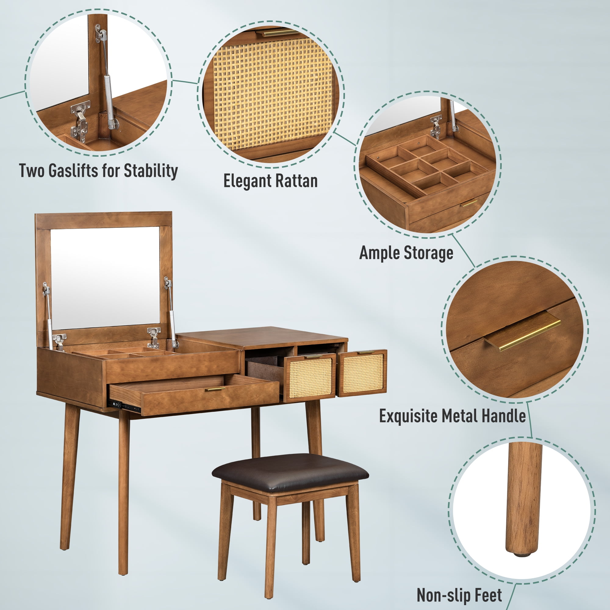 Makeup Vanity Table, With Flip Top Mirror Stool And 3 Drawers, Solid Wood Dressing Table, Rattan Design Upholstered Stool For Bedroom, Brown
