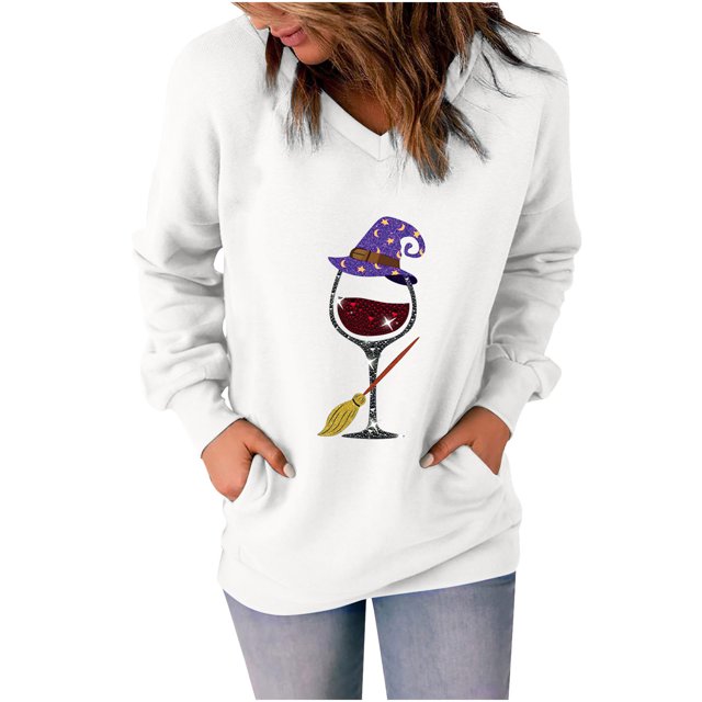 Sudadera clásica de manga larga con cuello en V y estampado de Halloween para mujer Pompotops FGAJ15756