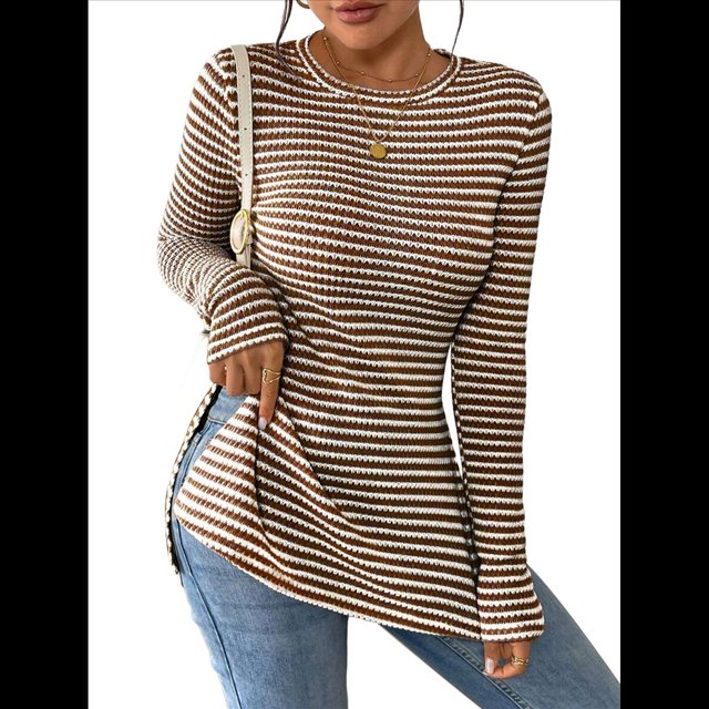 Camiseta de Larga A Rayas para Mujer, Cuello Redondo, Dobladillo con Abertura, Corte Entallado Color Café XL