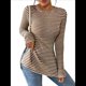 thumbnail image 1 of Camiseta de Larga A Rayas para Mujer, Cuello Redondo, Dobladillo con Abertura, Corte Entallado Color Café L, 1 of 8