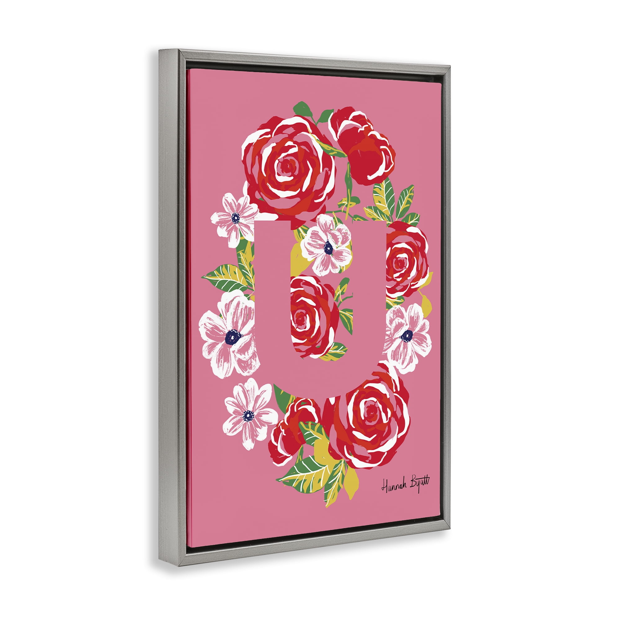 Stupell Industries Floral Bloom Letter U Botanical & Floral Painting Gray Floater Framed Art Print Wall Art, 21 x 31