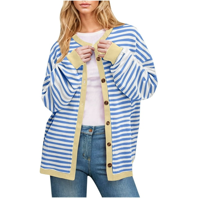 LOVZFMLL Vestes pour Femmes Mode Cardigan à Rayures à Blocs de Couleur Décontracté Mode Haut/chemise à Manches Longues à Col Rond Veste/veste à Capuche Décontractée à Manches Longues