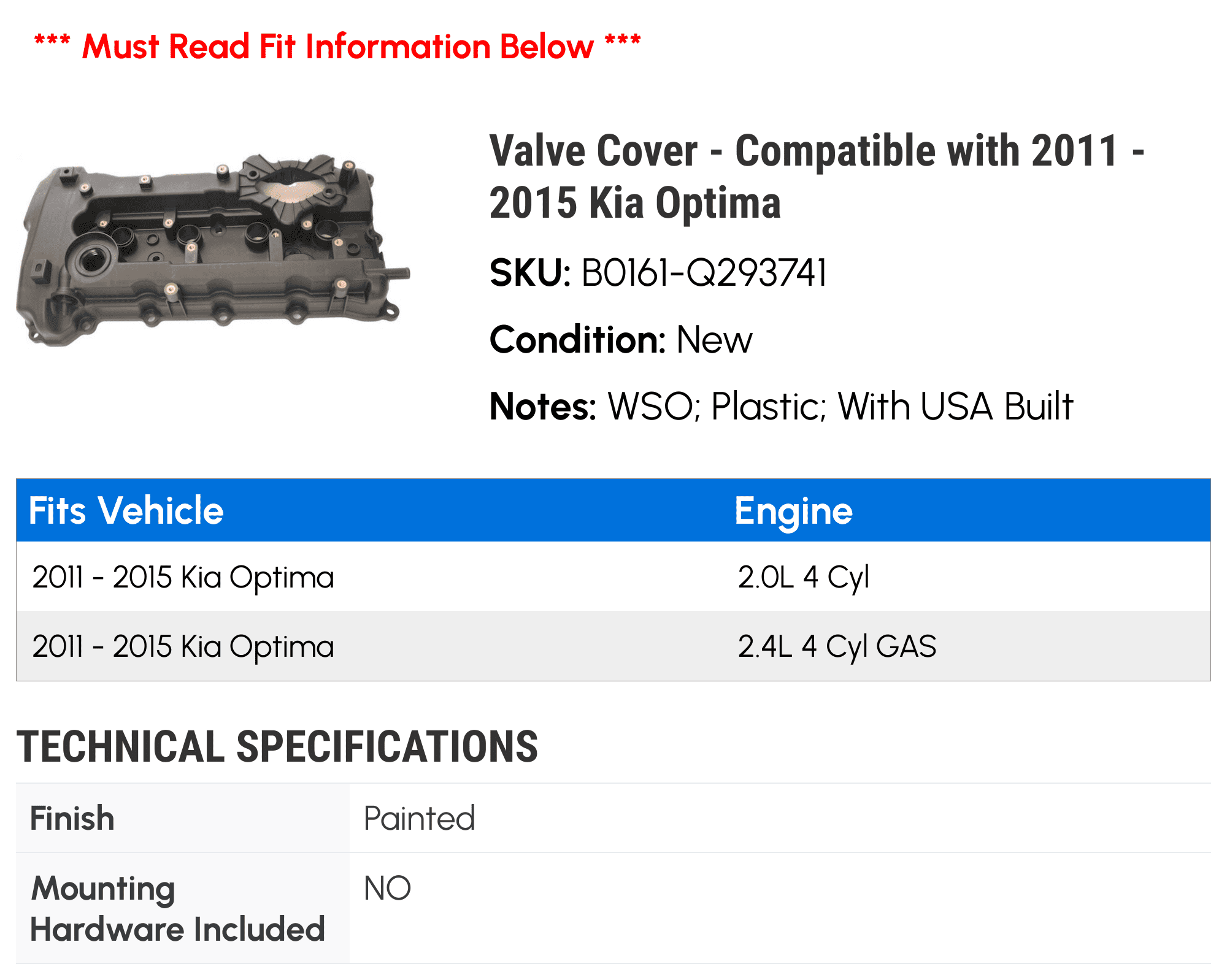 Valve Cover - Compatible with 2011 - 2015 Kia Optima 2012 2013 2014