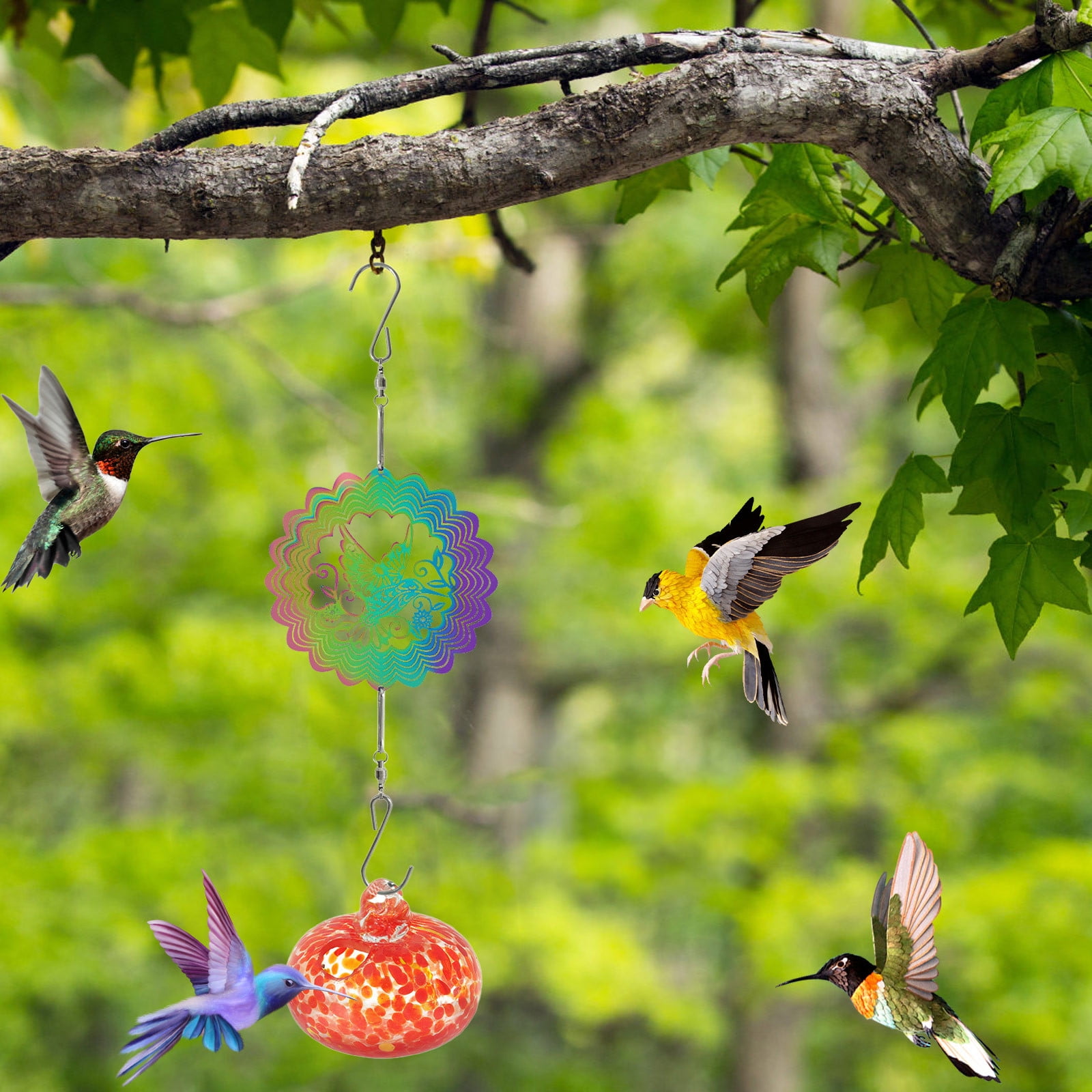 Painted Hummingbird Shaped Feeder Wind Chime, Outdoor Pendant Sunlight Refractor, Hanging Bird Feeder for Garden Patio, Colorful Hummingbird Feeder with Hook