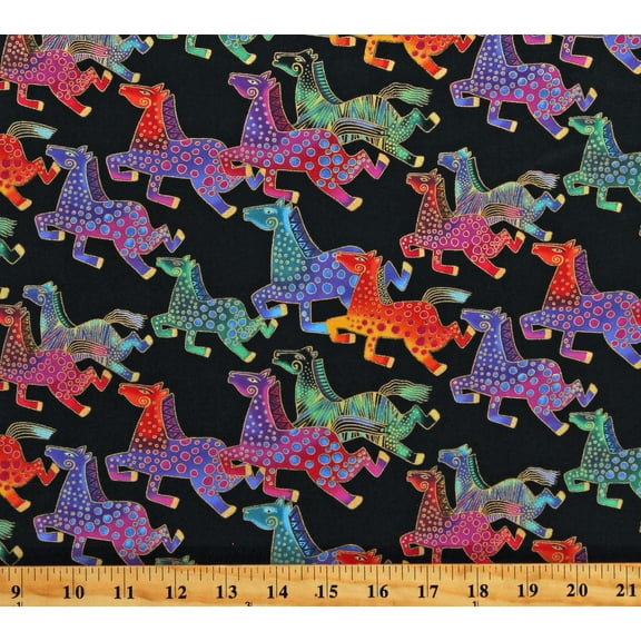 Cotton Fiesta Horses Black Metallic Equestrian Kids Cotton Fabric Print by the Yard (Y3409-3M)