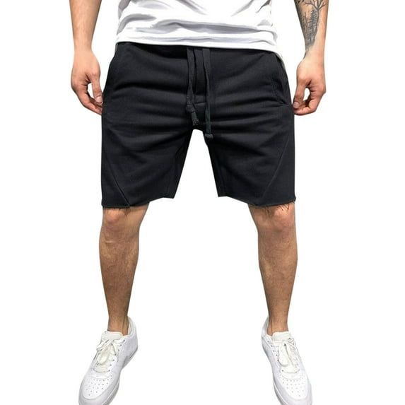 Entyinea Mens Workout Shorts Casual Drawstring Elastic Knee-Length Solid Color Shorts Black M