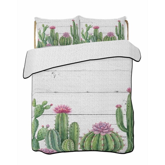 Quilts Twin Size Bedding Set, Green Cactus Tropical Lightweight Quilted Comforter, Grey Wooden Summer Soft Reversible Bedspread Coverlet with Pillow Covers for All Season, 68" x 86"
