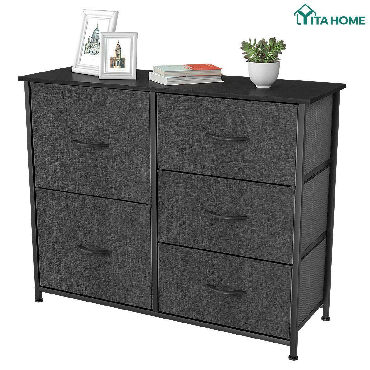 YITAHOME 5 Drawer Dresser Closet Storage Tower Organizer Easy Pull Fabric Bins, Black Grey