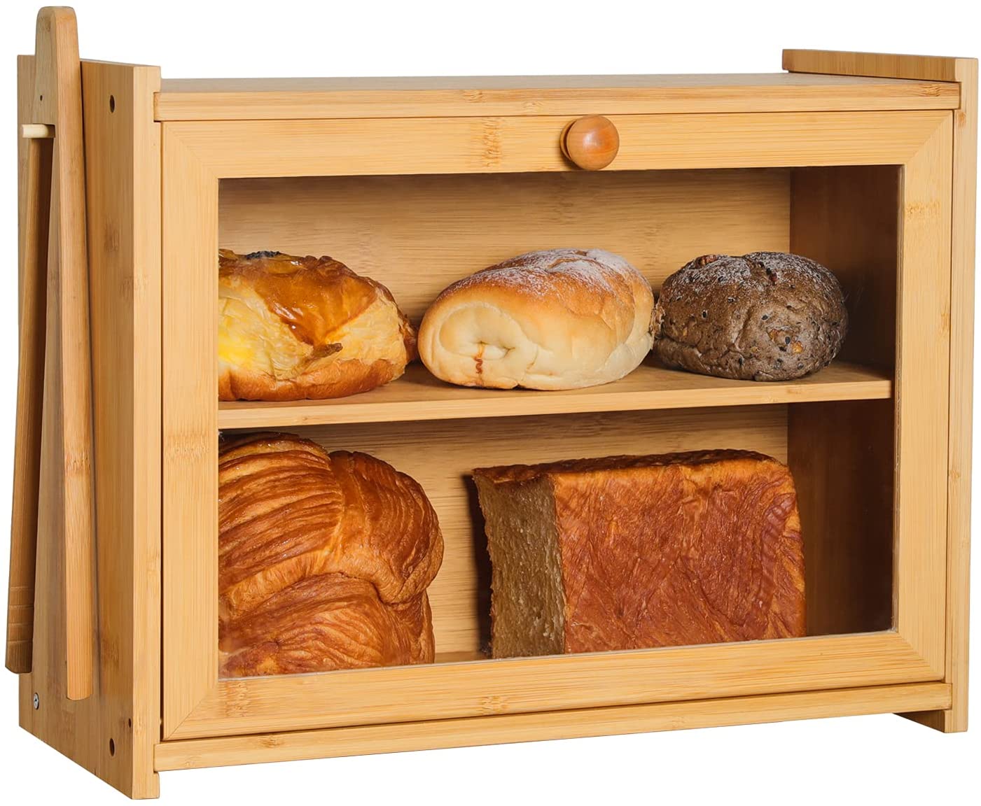 Self-Assembly 2 Layer Wooden Bread Boxes for Kitchen Counter Extra Large PARANTA Large Bamboo Bread Box for Kitchen Countertop Farmhouse Bread Holder with Clear Window and Shelf