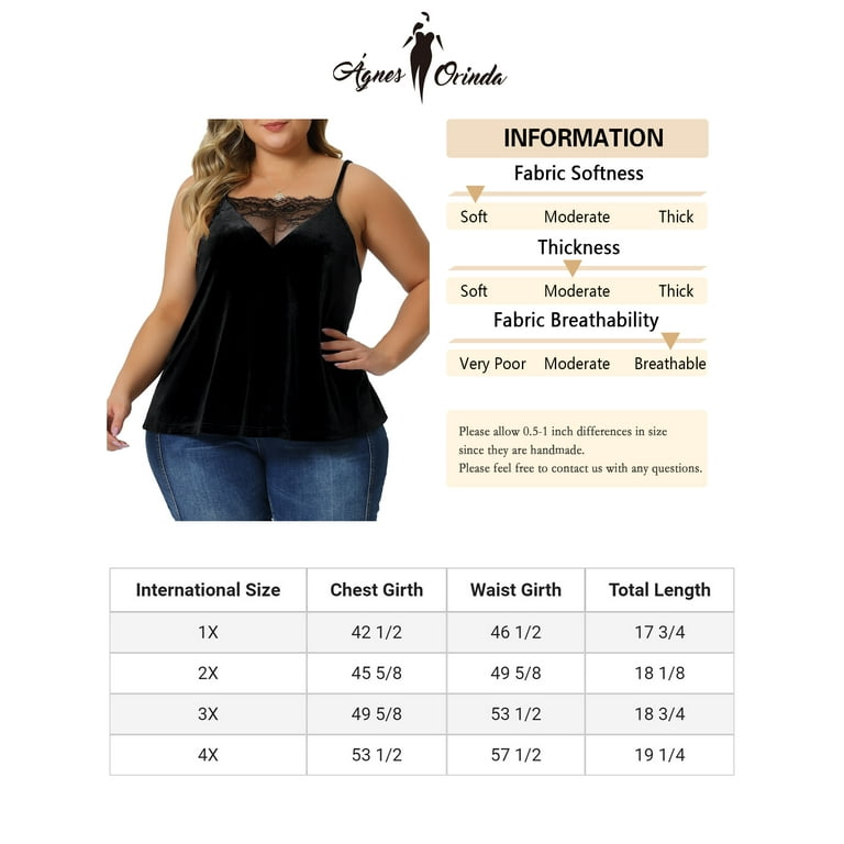 Unique Bargains Women's Plus Size Velvet Camisole Adjustable Strap Lace  Cami Tank Tops 