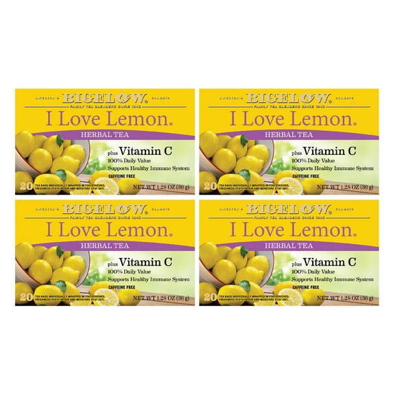 Bigelow I Love Lemon, Caffeine Free, with Vitamin C Herbal Tea Bags, 80 Count (4 Packs of 20)