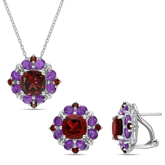 Miabella Ensemble de Collier et Boucles d'Oreilles pour Femmes, Grappe Halo en Argent Sterling avec Améthyste Africaine Taille Coussin, Grenat et Poire, 13-1/4 Carat T.G.W.