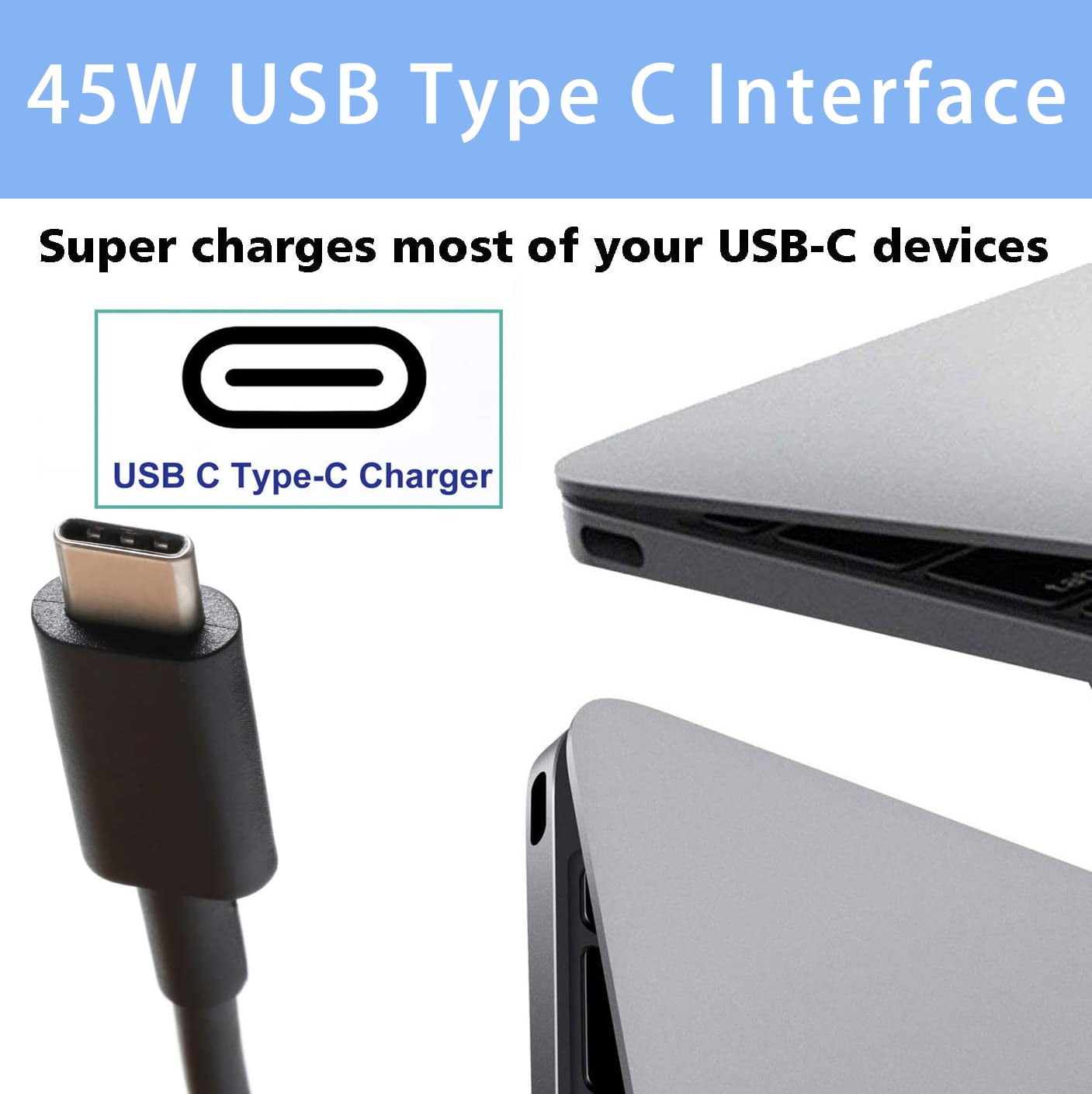 45W USB C Type C Charger for HP Chromebook X360 11 12 13 14 15 Series, Spectre X360, EliteBook, Envy X2 Series , Lenovo ThinkPad/Yoga, Dell, Acer, Samsung, Google, Asus  Fast Power Adapter
