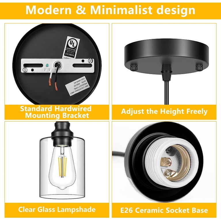 Pynsseu 3-Pack Black Pendant Lights with Clear Glass Shades photo 2