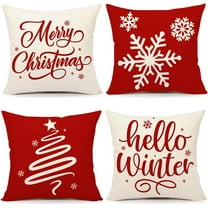 Red Christmas Pillow Covers 18x18 Set of 4 Farmhouse Xmas Decorations Snowflake Hello Winter Holiday Decor Throw Cushion Case for Home Couch S24C17