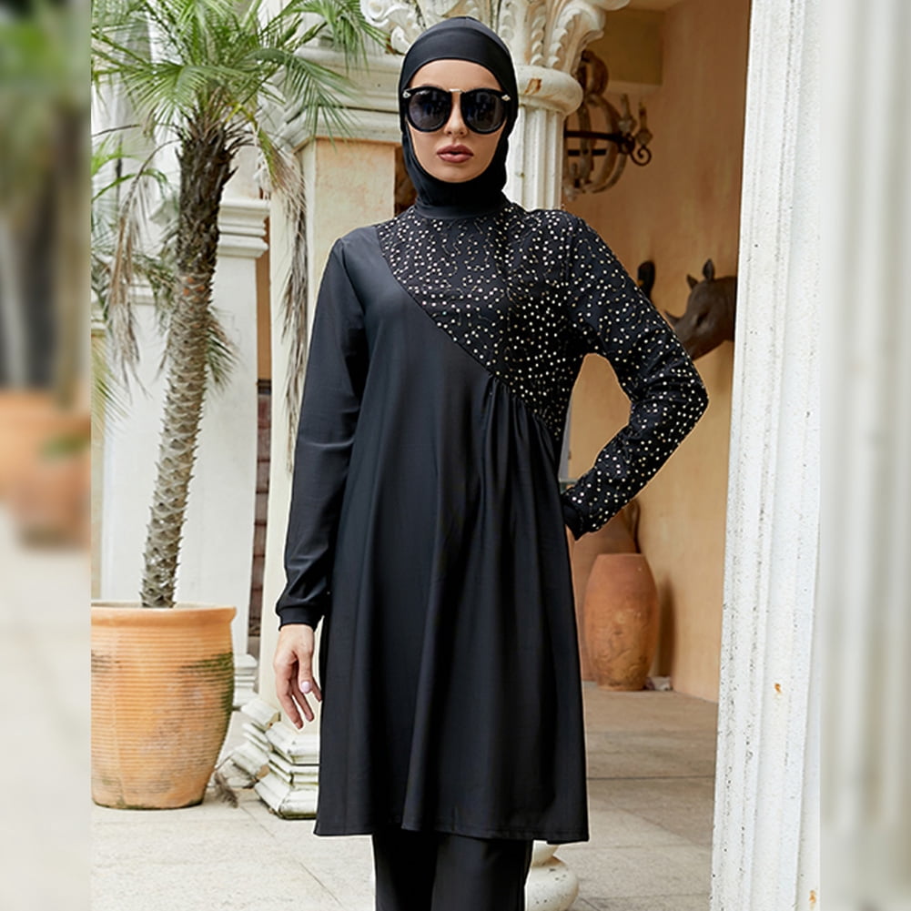 IBTOM CASTLE Muslim Swimsuits for Women Modest Islamic Arabic Swimwear Burkini Full Cover Hijab Top Pants Swimming Cap Bathing Suits S Black Dots