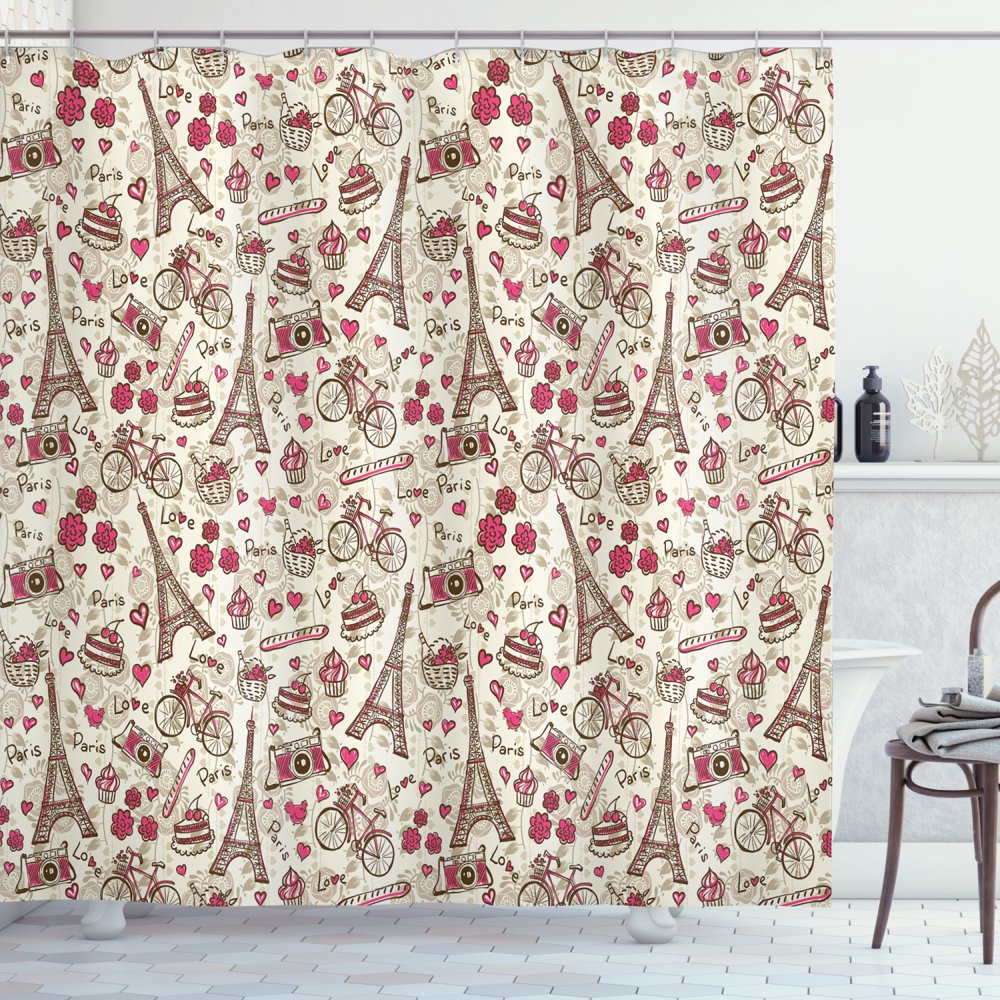 Romantic Shower Curtain, French Paris Themed Eiffel Tower Bakery