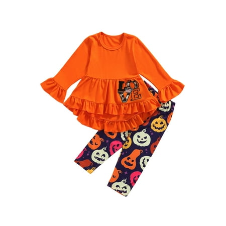 

Sunisery 2Pcs Little Girls Outfit Flared Cuff Letter Trailing Tops Pumpkin Printing Trousers Set Orange 4-5 Years