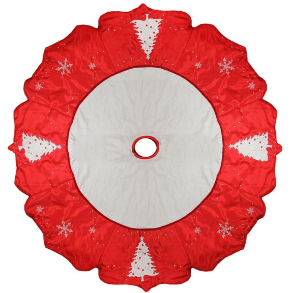 54" Red and White Embroidered Jeweled Tree with Snowflake Christmas Tree Skirt