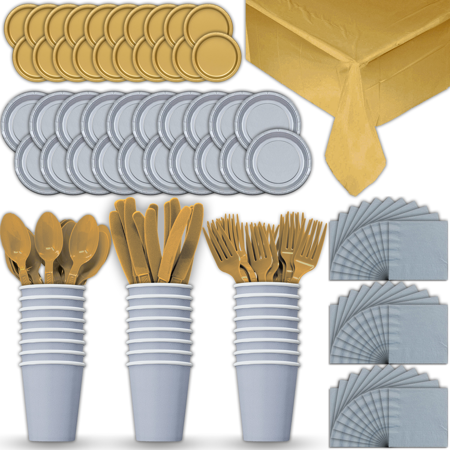 Paper Tableware Set for 24 Silver & Gold Dinner and Dessert Plates