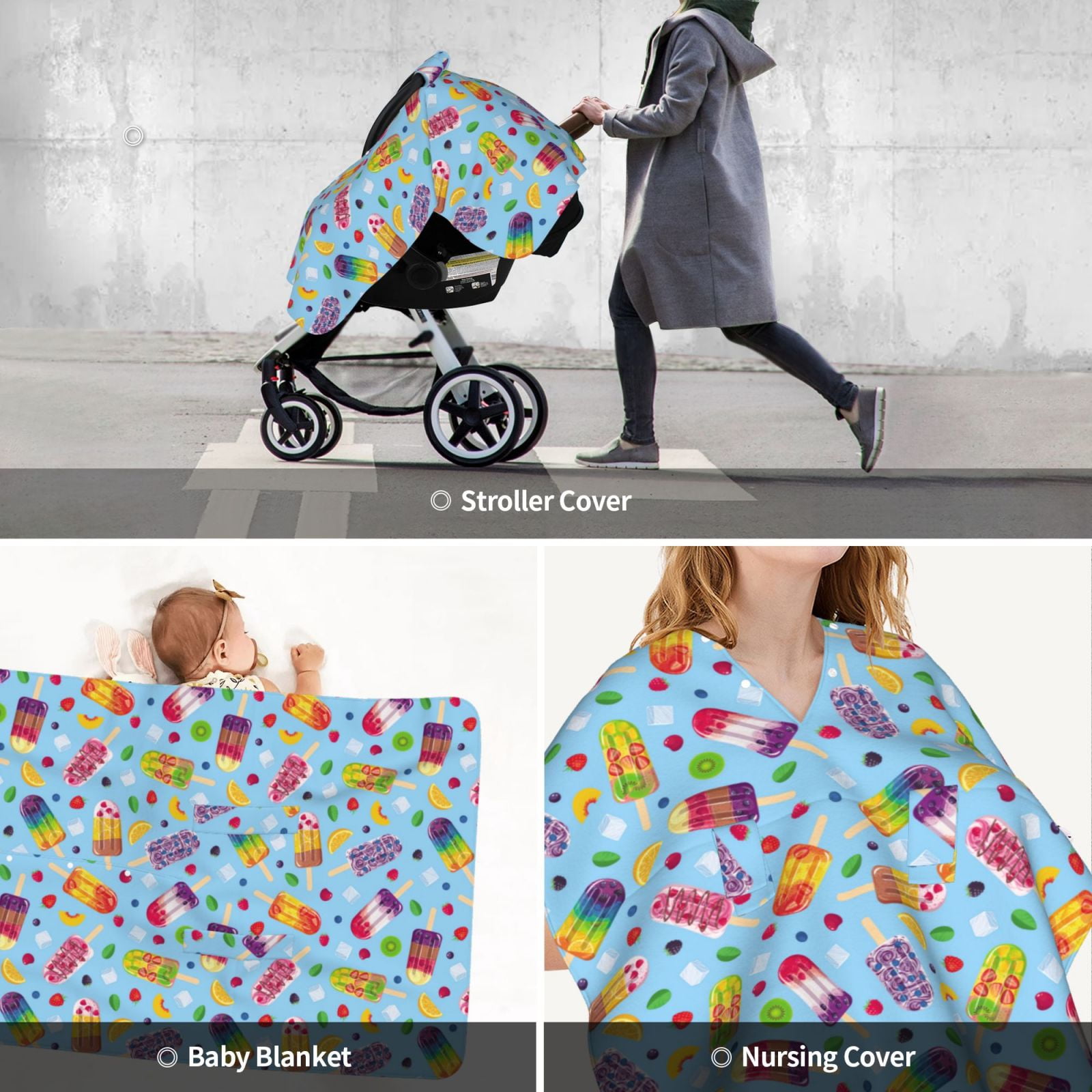 Car Seat Cover Baby - Cool Summer Ice Cream Print Breathable Infant Car Seat Cover for Baby Carseat, Lightweight Comfort Baby Essentials Must Haves Newborn Stuff for Girl Boy