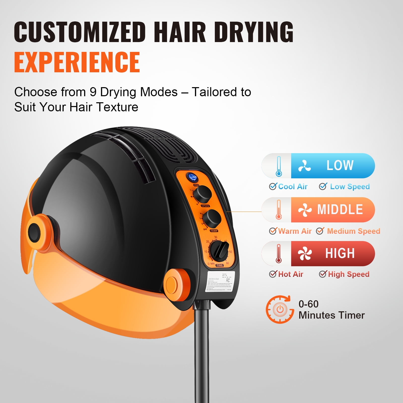 KFFKFF Ionic Hair Dryer with Hood, 1875W Professional Bonnet Hair Dryer, Timer Function, 3 Heat Settings & Speed Control, Portable Floor Stand with Wheels for Salon & Home Spa
