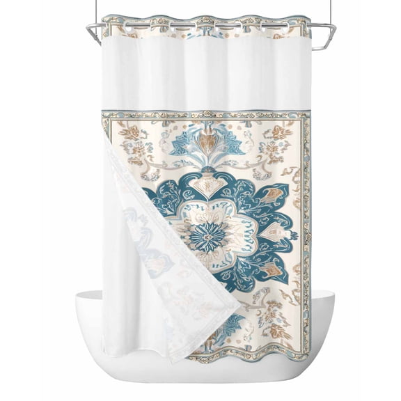 No Hook Cloth Fabric Shower Curtain with Snap in Liner, Boho Flowers Waterproof Shower Curtains Set with See Through Top Window, Country Neutral Chic Abstract Floral Art Bath Curtains Shower 36"x78"