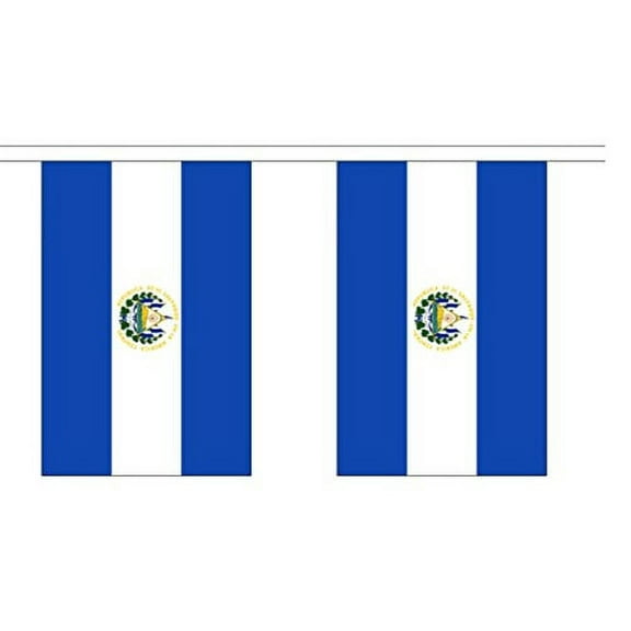 10' El Salvador String Flag Party Bunting Has 10 Salvadorian 6"x9" Polyester Banner Flags Attached, Popular for School Classroom, Bars, Restaurants, World Cup Theme Parties