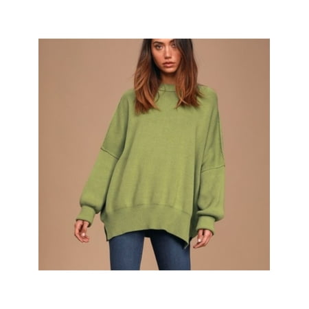 FREE PEOPLE Womens Green Cotton Blend Ribbed Knit Long Sleeve Crew Neck Tunic Sweater L