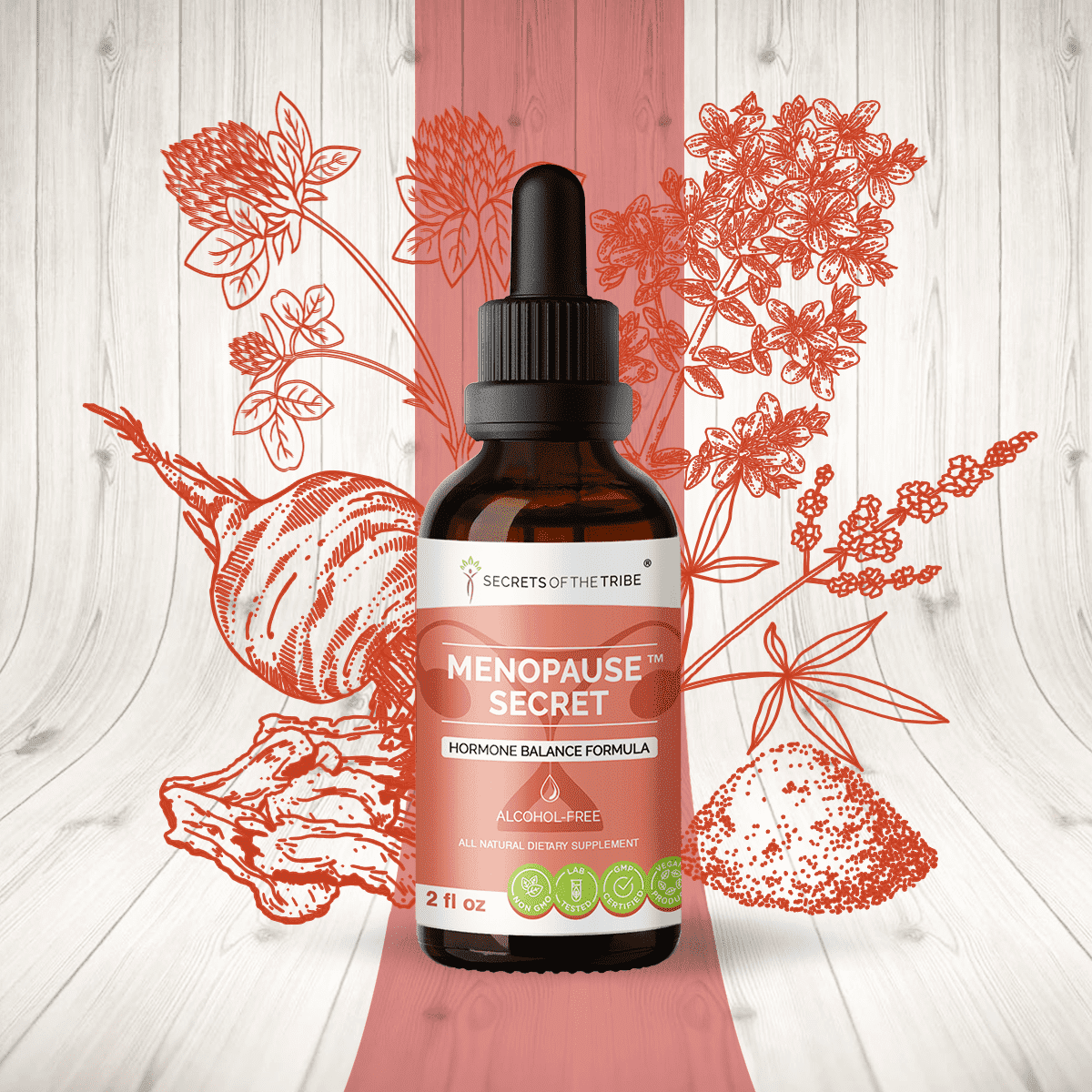 Secrets Of The Tribe Menopause Secret Blend Tincture Dietary Supplement, Natural Extract, Made from Black Cohosh, Vitex, Red Clover, Maca, Dong Quai, St. John's Wort 2 oz
