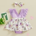 thumbnail image 2 of Bagilaanoe Newborn Easter Outfits Baby Girl Rompers Dress Floral Print Fly Sleeve Bodysuits + Headband 3M 6M 12M 18M Infant Patchwork A-line Dresses, 2 of 8