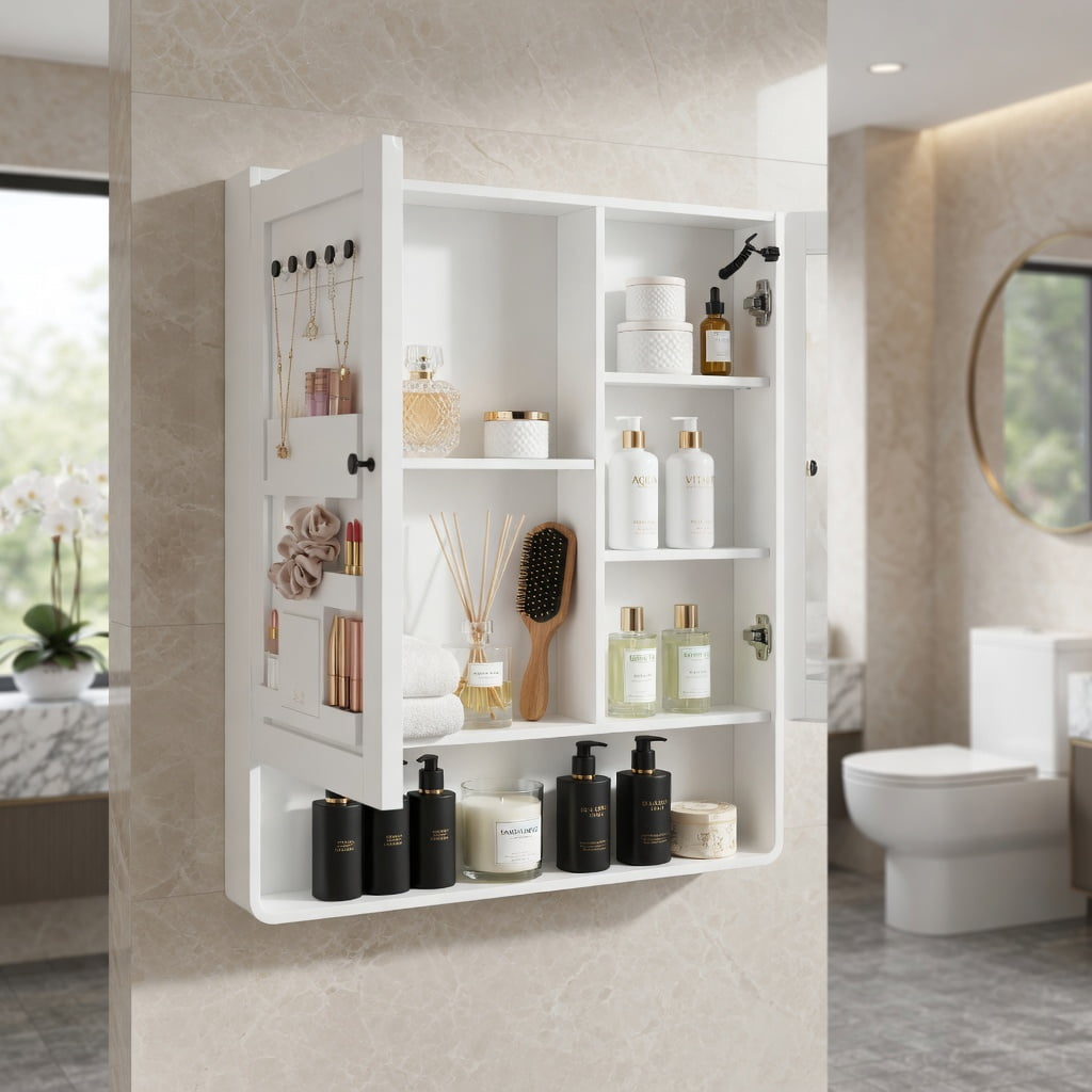 Hommoo Modern LED Bathroom Medicine Cabinet with Anti-Fog Mirror, Soft White Lighting & Wall-Mounted Aluminum-Plastic Storage, Two-Door, White