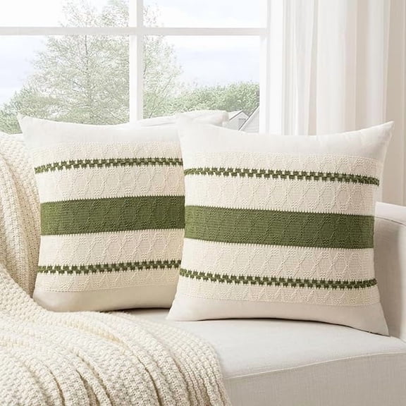 Pillow Cover Set of 2 Boho Moss Green Euro Decorative Throw Pillow Cover 26x26 Inch for Couch Bed Bedroom, Aesthetic Modern Organic Farmhouse Room Decor, Soft Cotton Accent Macrame Woven Cushion Case