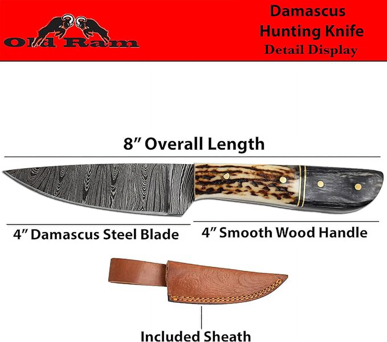 Old Ram 8" Stag And Wood Damascus Skinner Outdoor Hunting Knife