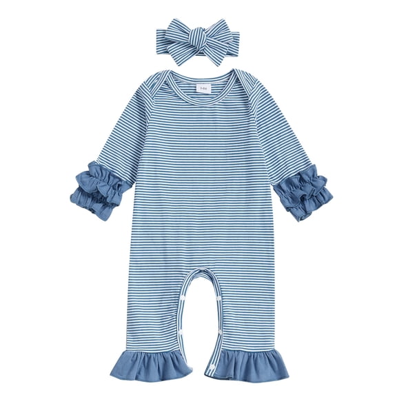 Piomll Outfit Sets for Girls Striped Lace Romper Headband 2 Pcs Toddler Sun Summer Kids Clothing
