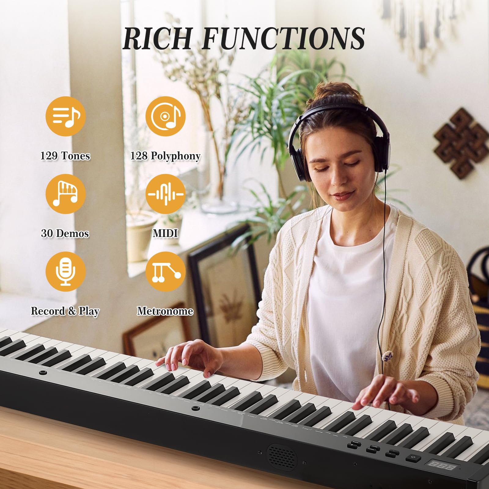Huisuilinss 88 Key Keyboard Piano,Portable Electric Digital Piano With Semi Weighted 88 Keys,Compact Electric Piano Keyboard Set With Power Supply,Stand,Carrying Case,Headphones For Beginners