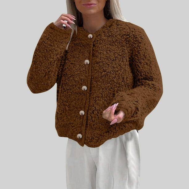 Puntoco Chaqueta De Color Liso Para Mujer Con Botones De Felpa Y Mangas Largas Con Capucha, Ropa Informal Para Exteriores