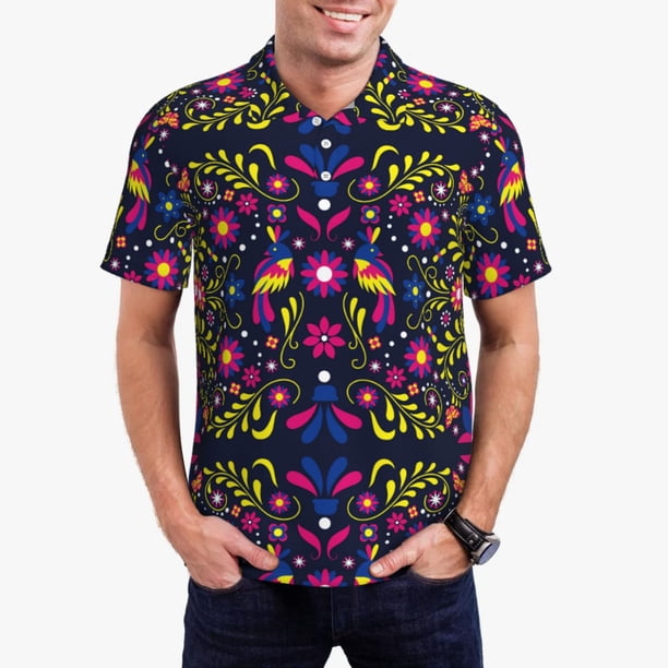 Fotbe Colorful Mexican Camiseta Polo de Golf para Hombre con Estampado – Camisa Deportiva Transpirable con Cuello Abotonado-Large