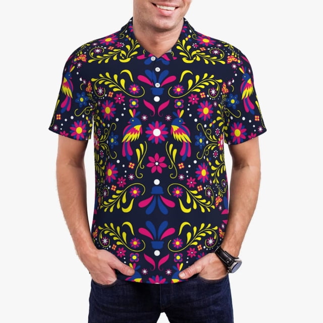 Fotbe Colorful Mexican Camiseta Polo de Golf para Hombre con Estampado – Camisa Deportiva Transpirable con Cuello Abotonado-Medium