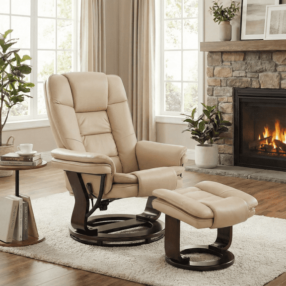 32'' Wide Manual Swivel Standard Recliner with Ottoman,Faux Leather,Beige