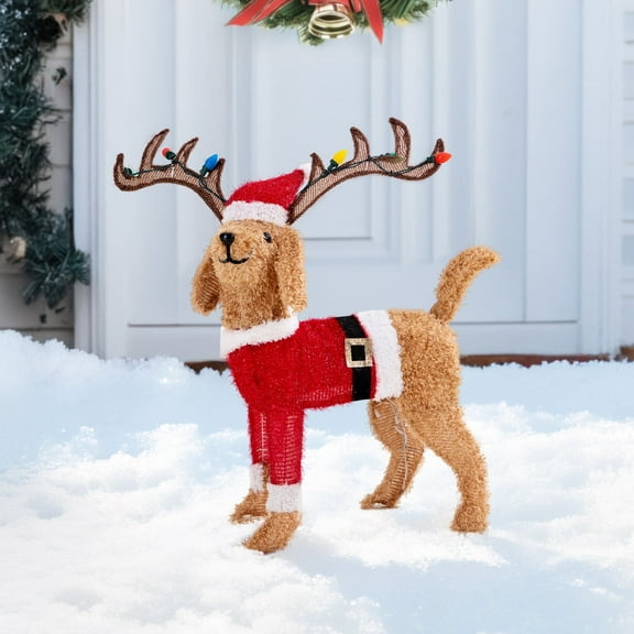 Sunjoy 34 Inch Christmas Lighted Fabric Dog, 3D Tinsel Santa Dog Outdoor Garden Yard Lawn Festive Holiday Decoration with Lights for Indoor & Outdoor