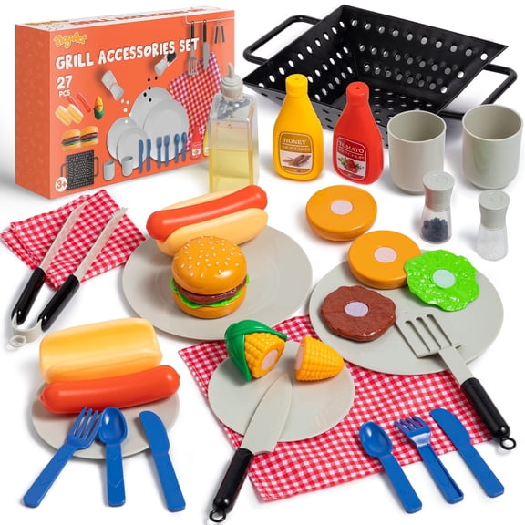 Joyfy 27 Pcs Kitchen Toy Playset, BBQ Grill Pretend Play Food Sets, Gift for 2 3 4 Years Old Girls Boys