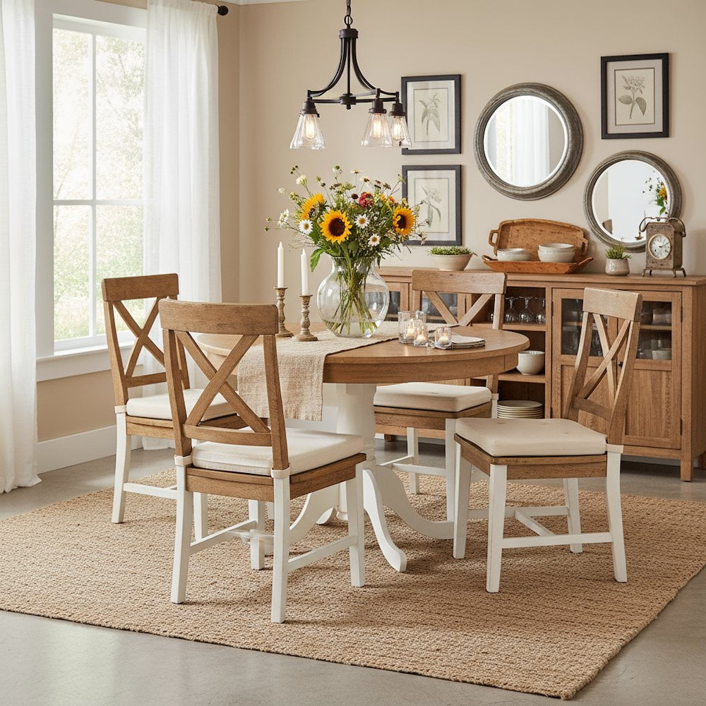 FurniFact Round Dining Table, Natural & White Finish, Solid Wood, Pedestal Base, 36-Inch