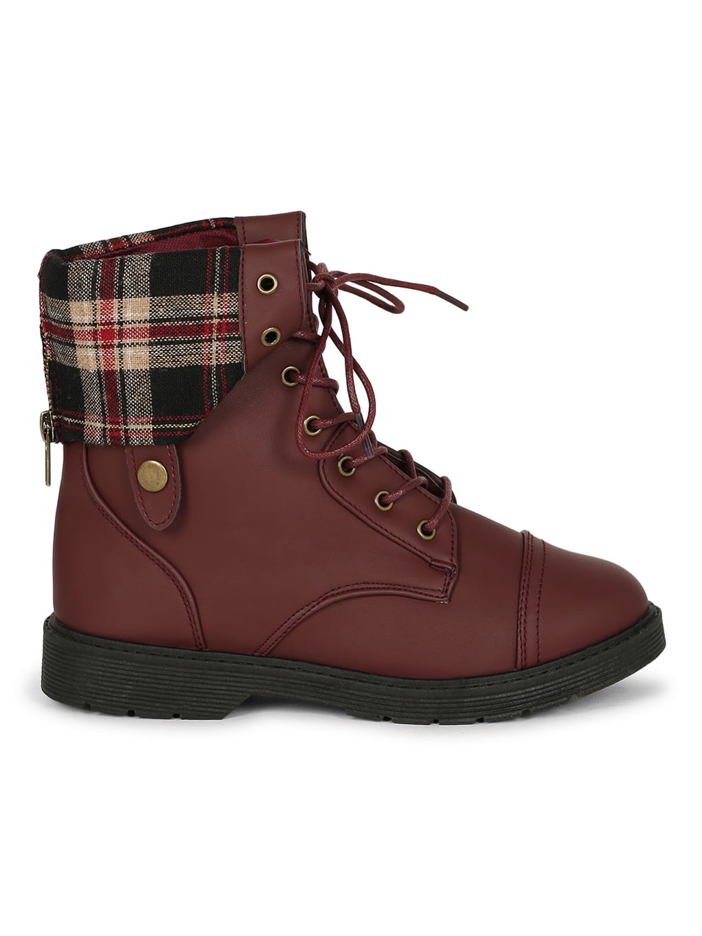 Women Leatherette Ankle Plaid Fold Over Cuff Stack Heel Combat Boot 19600 Walmart