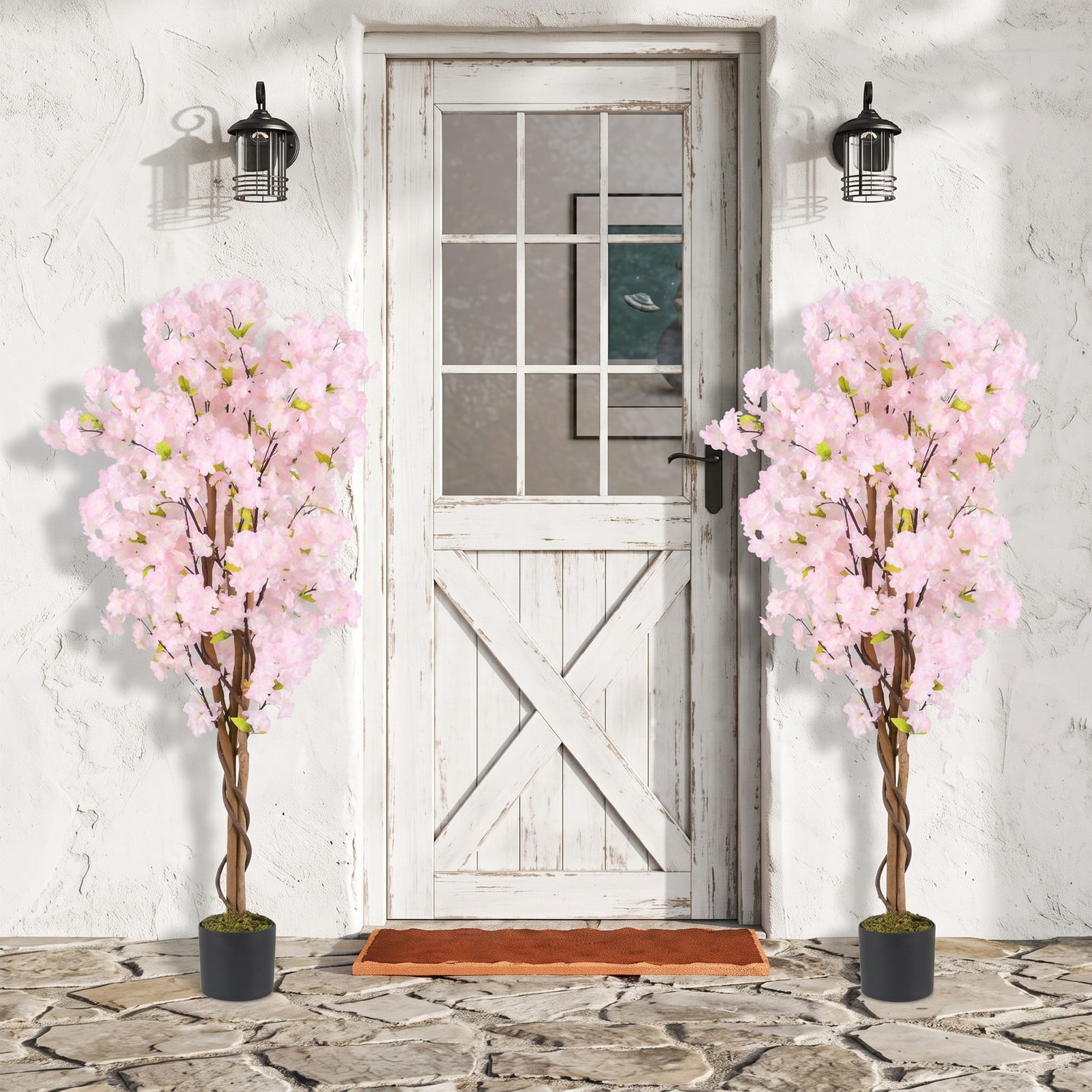 ALPULON 5 FT Artificial Cherry Blossom Tree with Pink Flowers, Faux Silk Blossom Tree with Cement-Filled Pot and Adjustable Branches for Home Office Wedding, Pink
